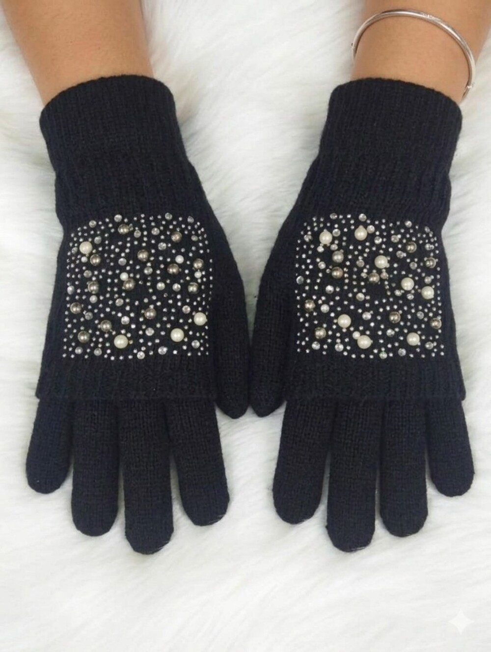 Black Gloves Embellished With Pearls , Rhinestones & Studs .